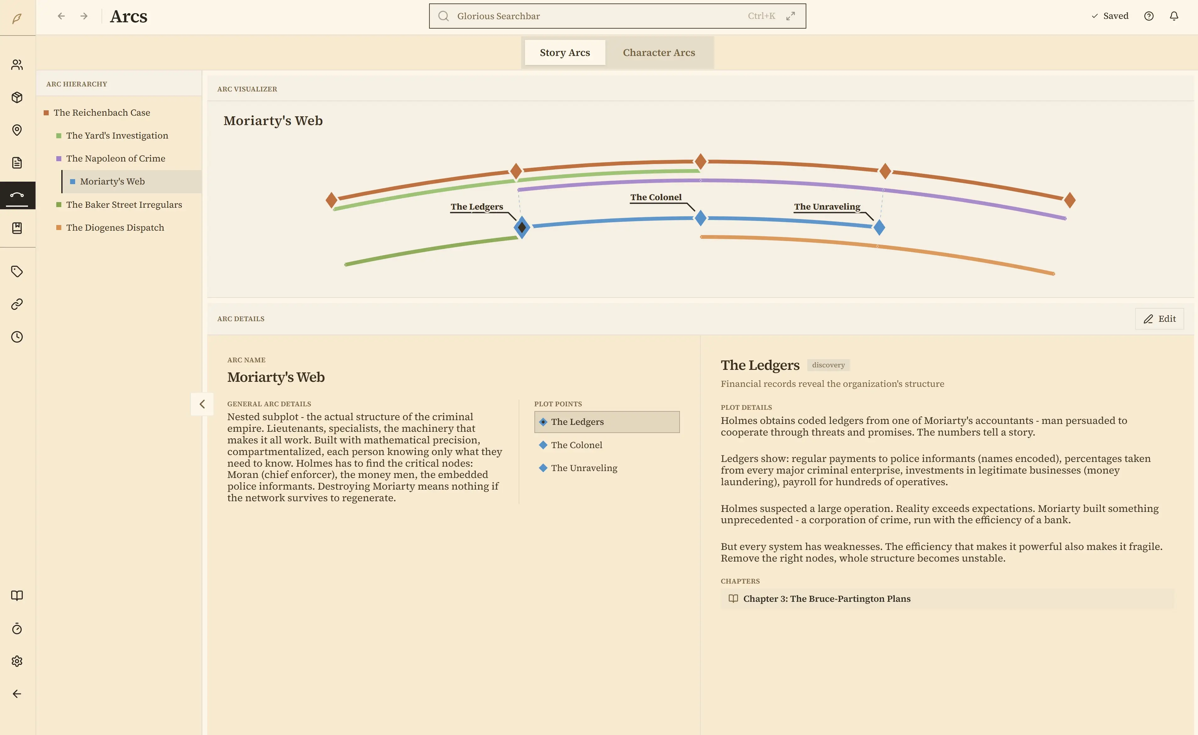 Arc visualizer showing story arcs and character fortune curves