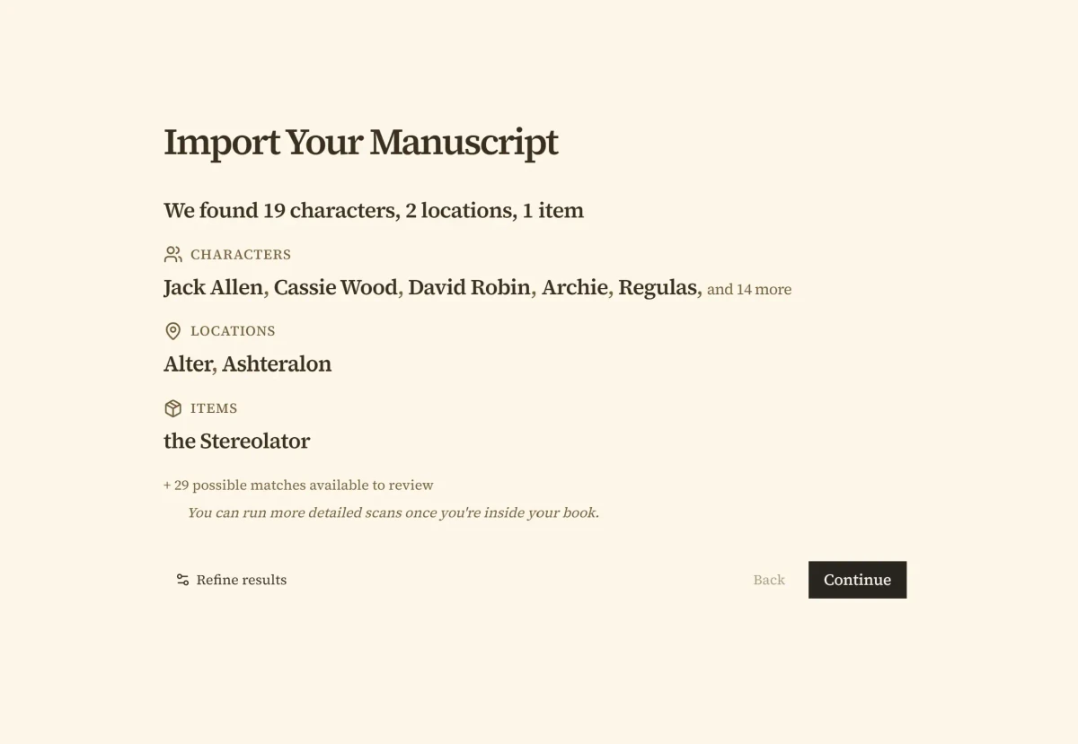 Penpoint detecting characters, locations, and items from an imported manuscript