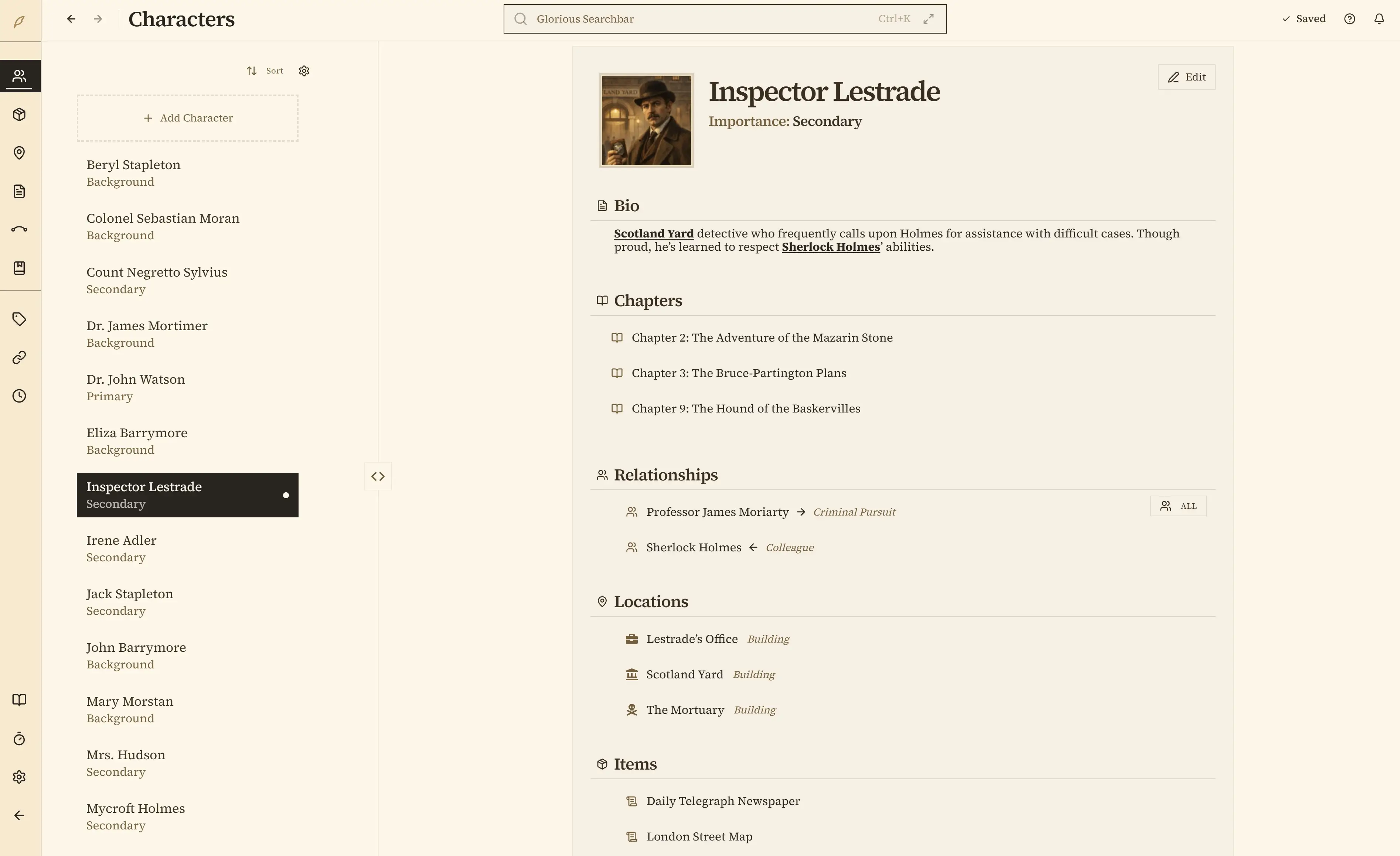 Character page showing cross-referenced connections