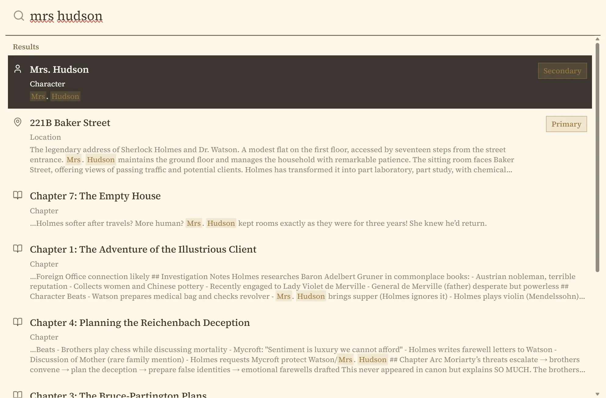 The Glorious Searchbar showing instant search results