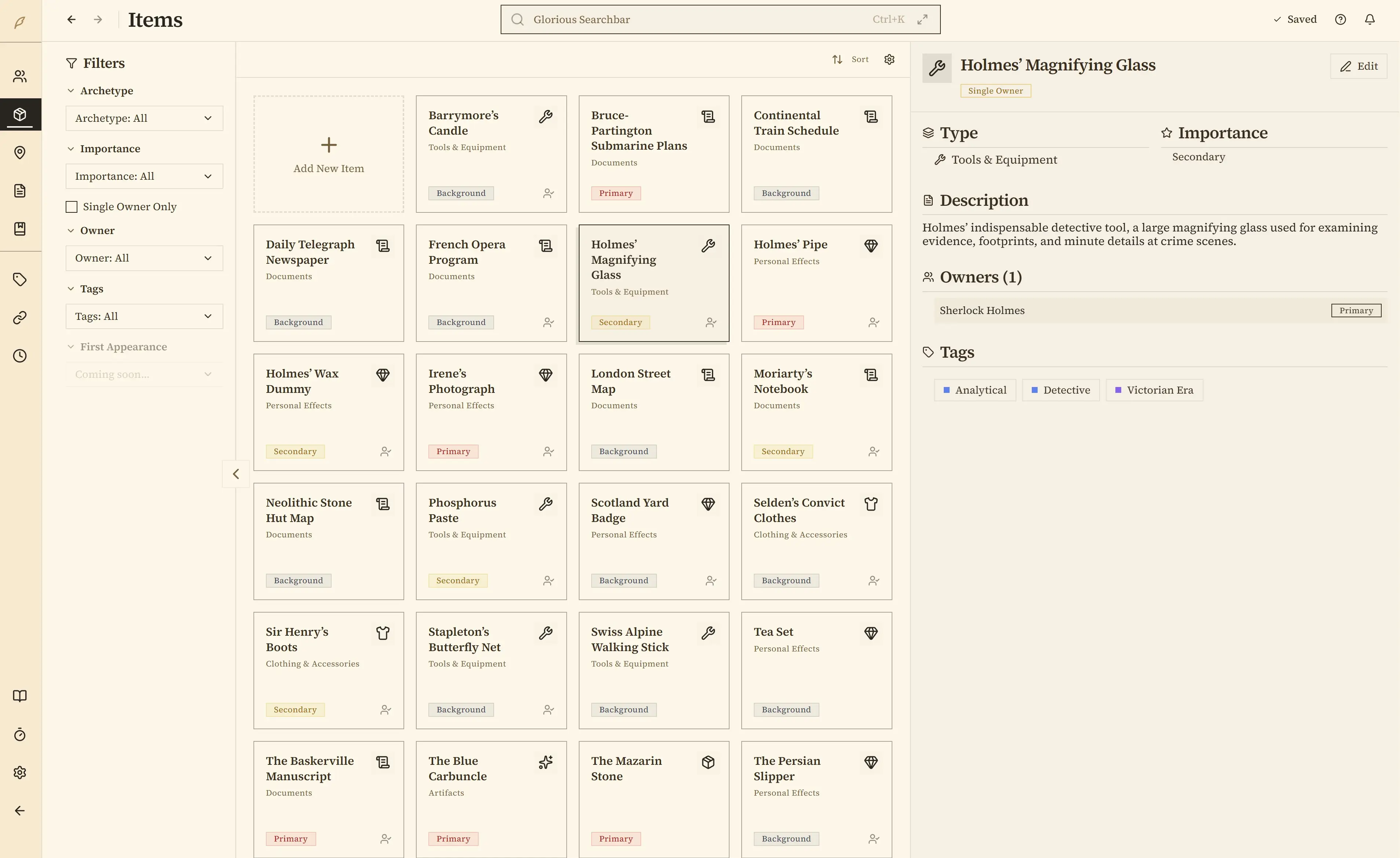Items page showing character possessions and their owners