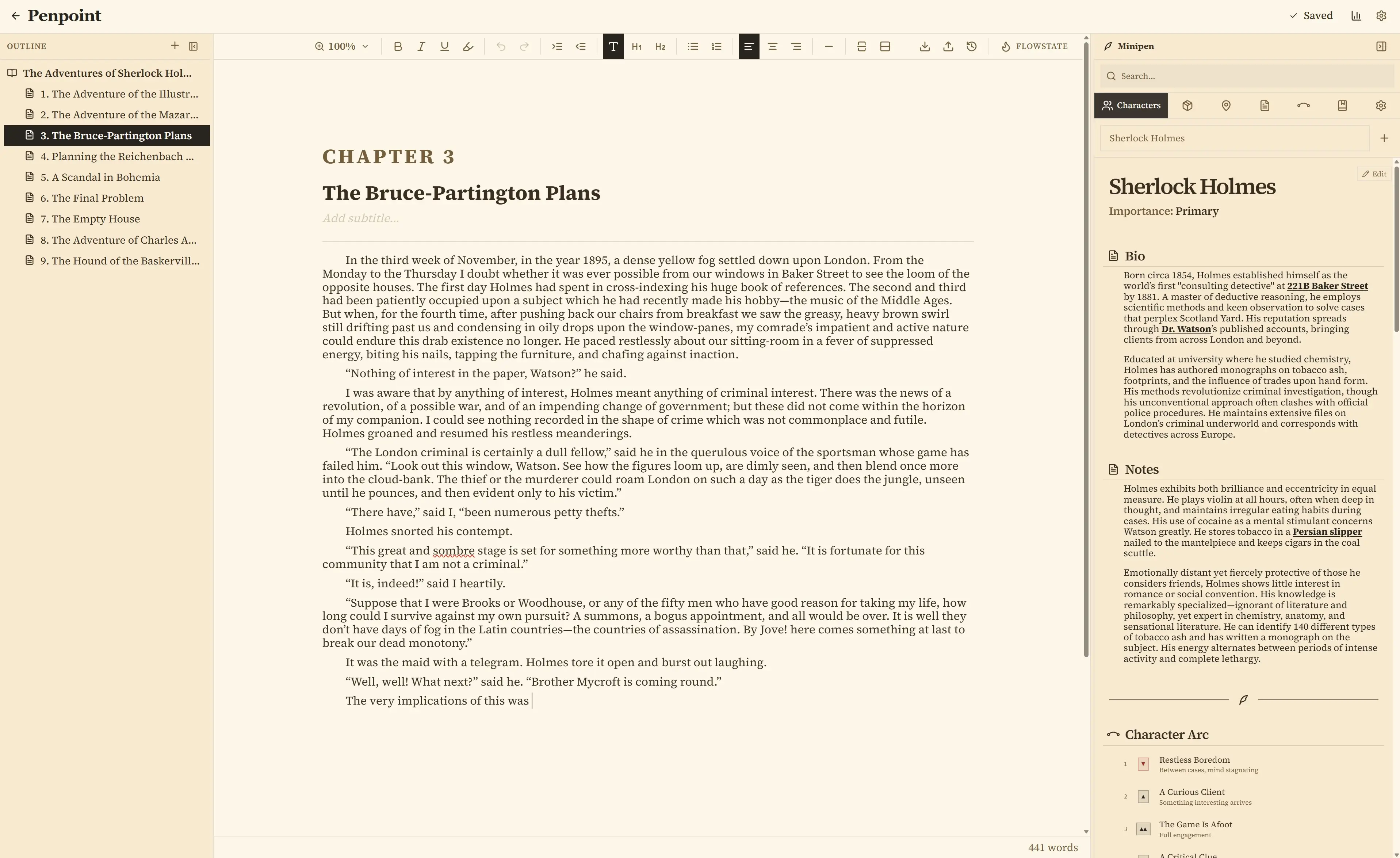 Manuscript Mode showing the writing editor with outline sidebar
