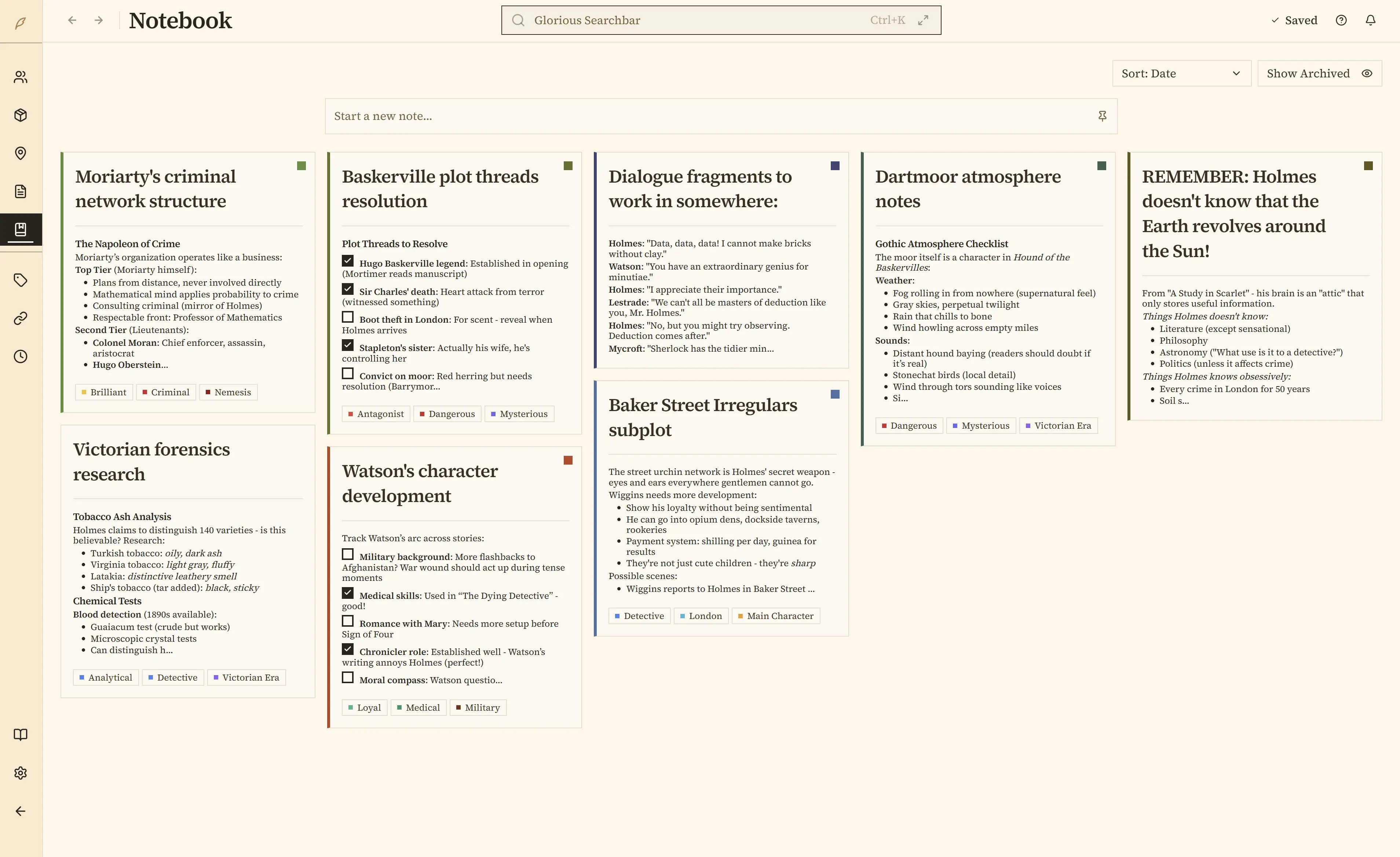 Notebook with formatted notes and tags