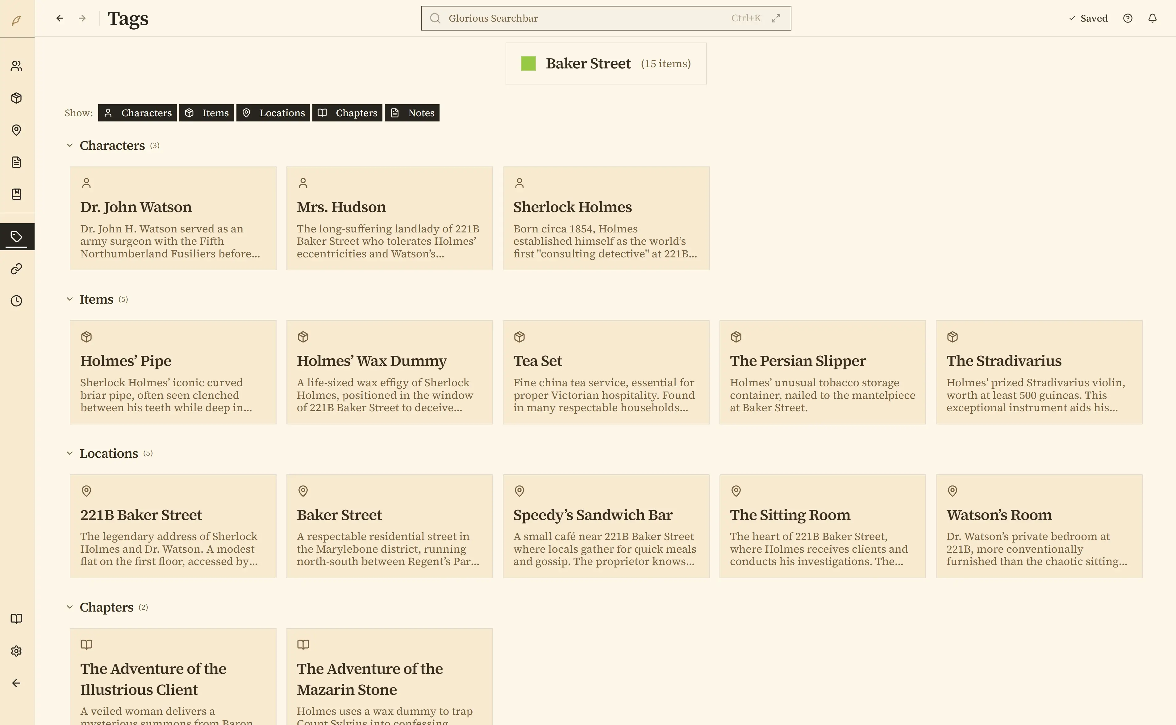 Tags viewer showing all items connected to a tag
